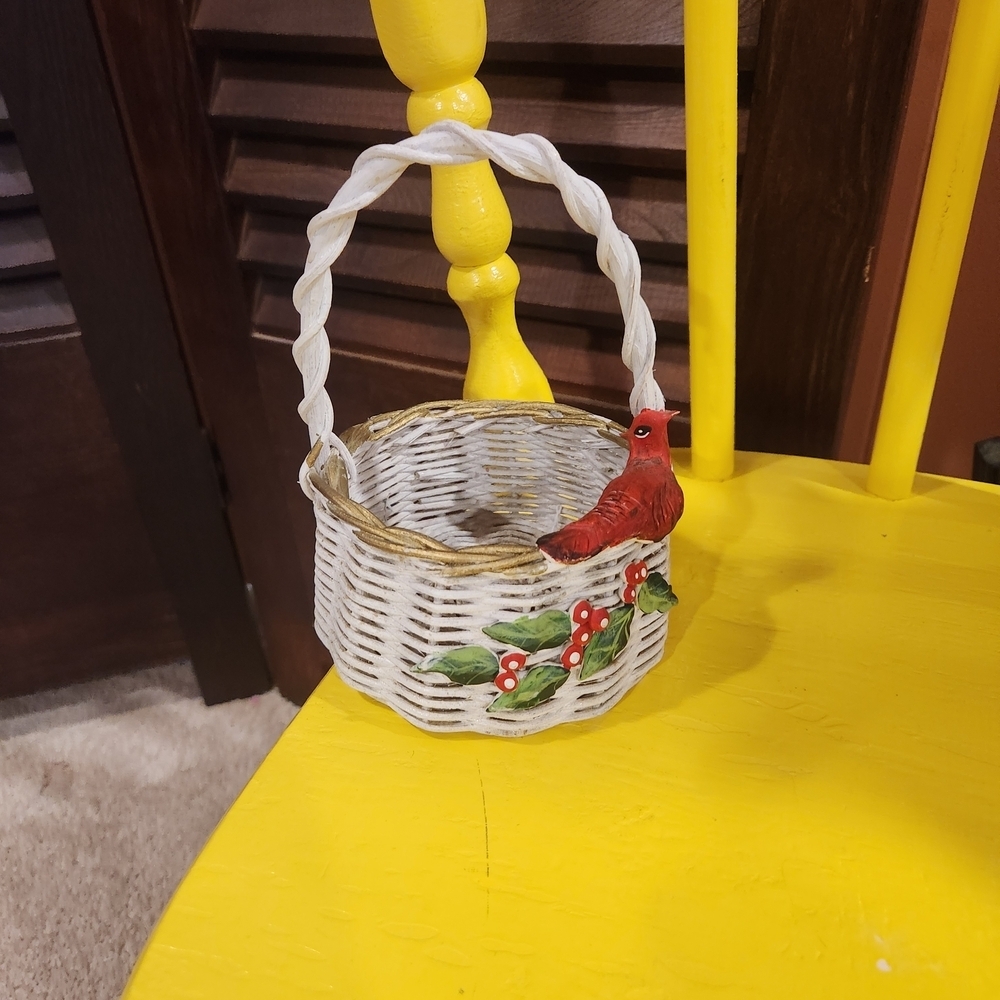 Vintage White Basket with Red Bird Accent